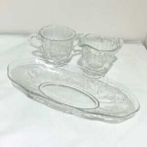Fostoria Corsage Pattern Clear Etched Crystal Creamer Sugar Bowl & Relish Dish